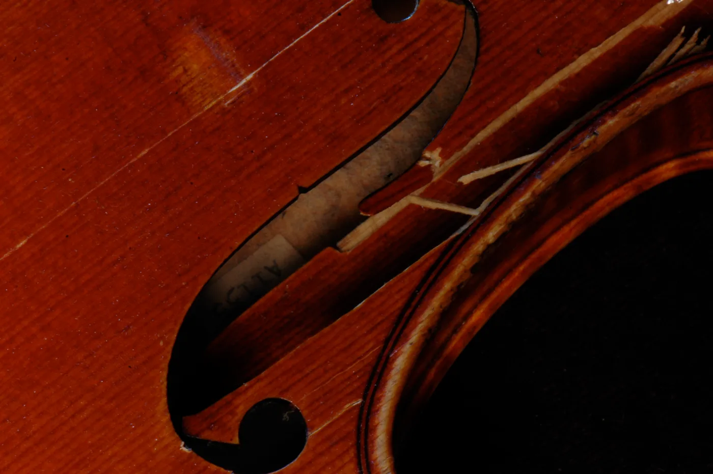 A close f-hole detail with the maker's interior label visible through it.