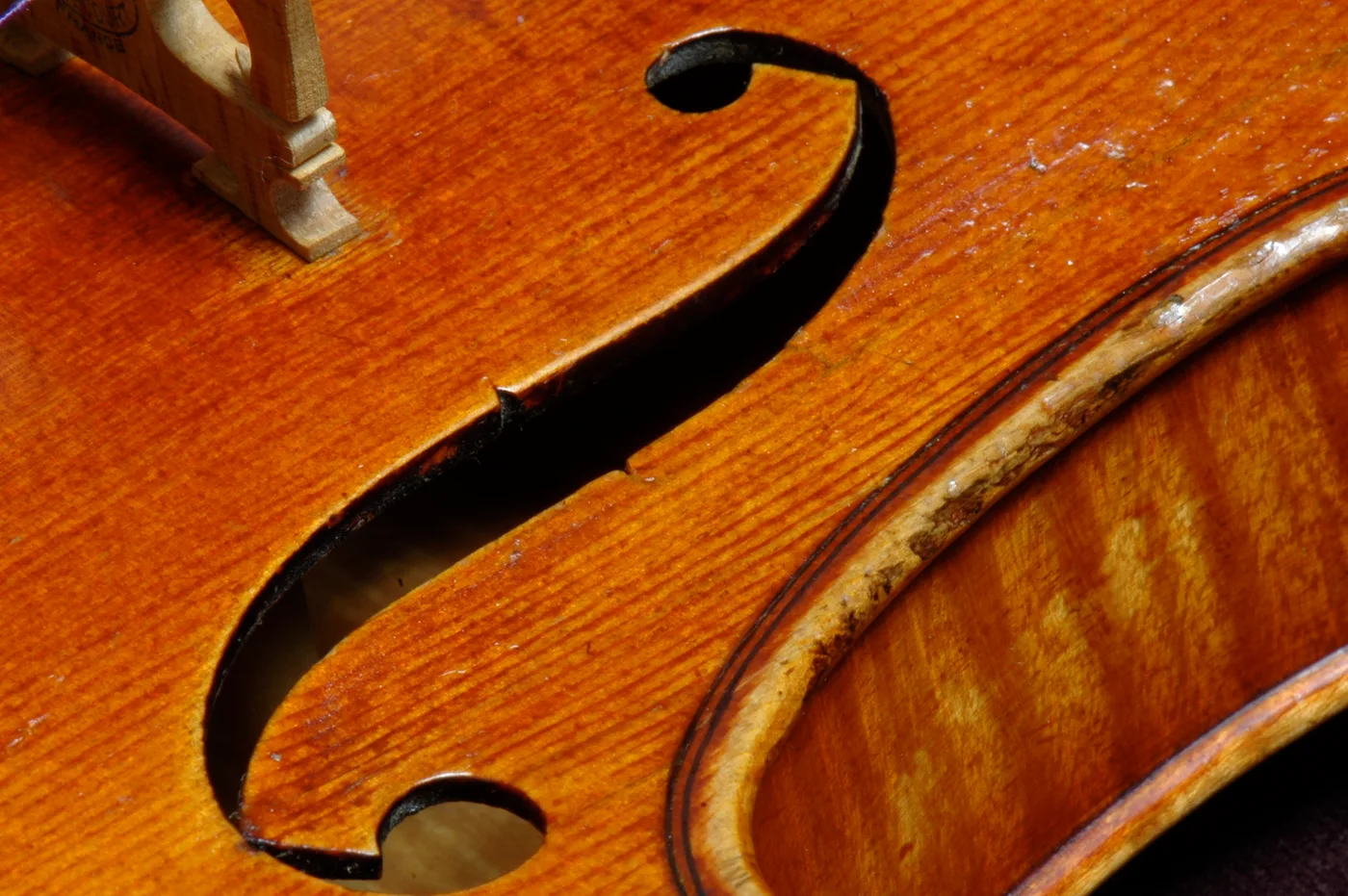An f-hole cut into a violin top, the bridge foot resting alongside it.